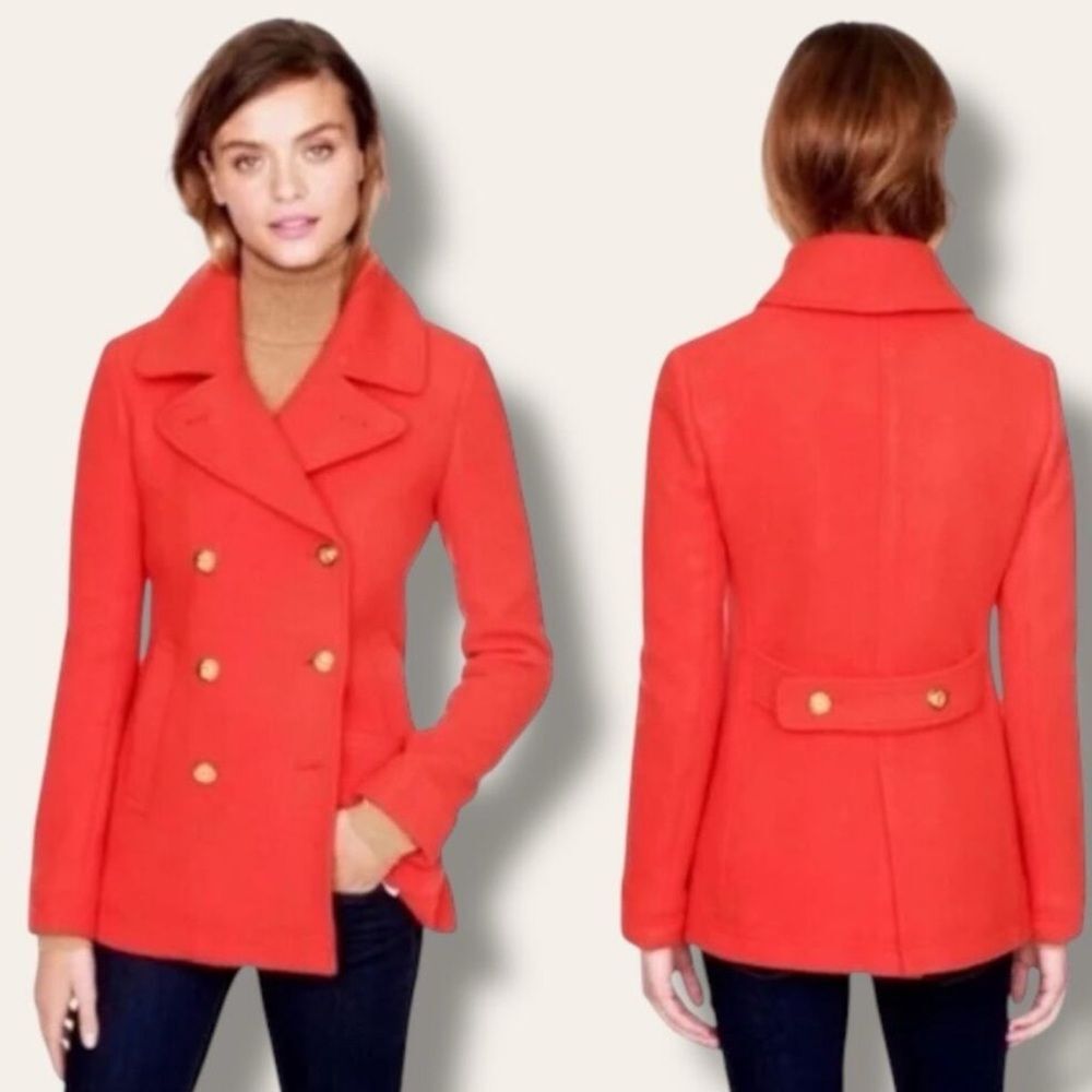 J.Crew Stadium Cloth Nello Gori Wool Pea Double Breasted Orange Red Coat Size 0